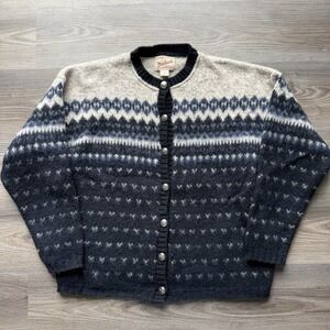 VTG Woolrich Blue Wool Fair Isle Knit Button Cardigan USA Made Winter Sweater M